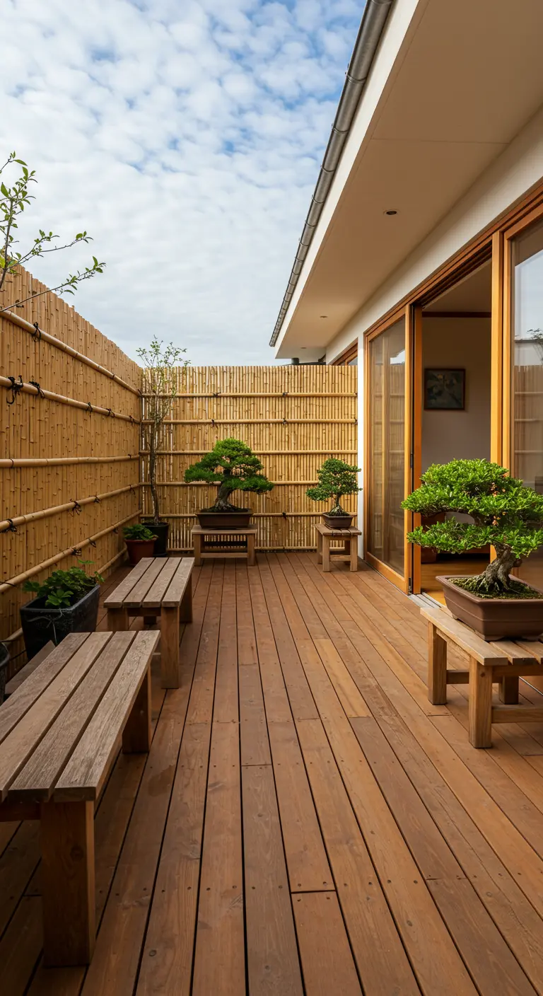 Terraza de madera con valla de bambú, bancos simples y varios bonsáis.