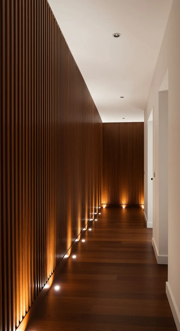 Pasillo largo revestido con listones de madera verticales e iluminado desde el suelo.