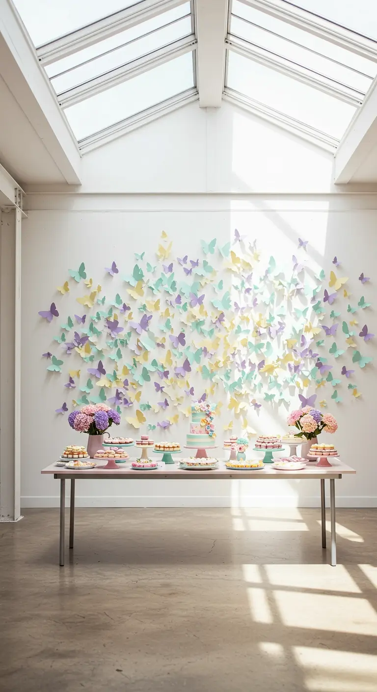 Pared blanca decorada con un enjambre de mariposas de papel en tonos pastel sobre una mesa de dulces.