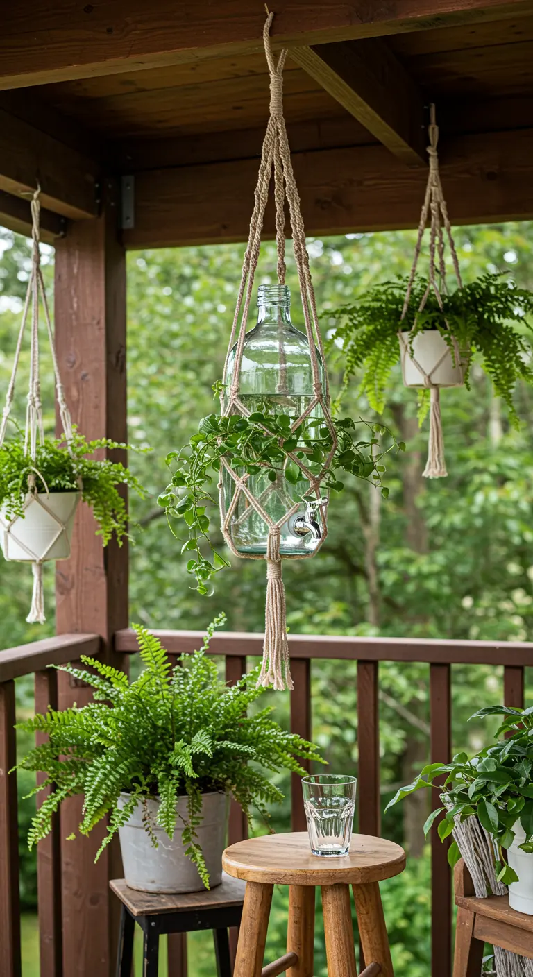 Botella de agua con grifo en un colgador de macramé, usada como sistema de riego para plantas.