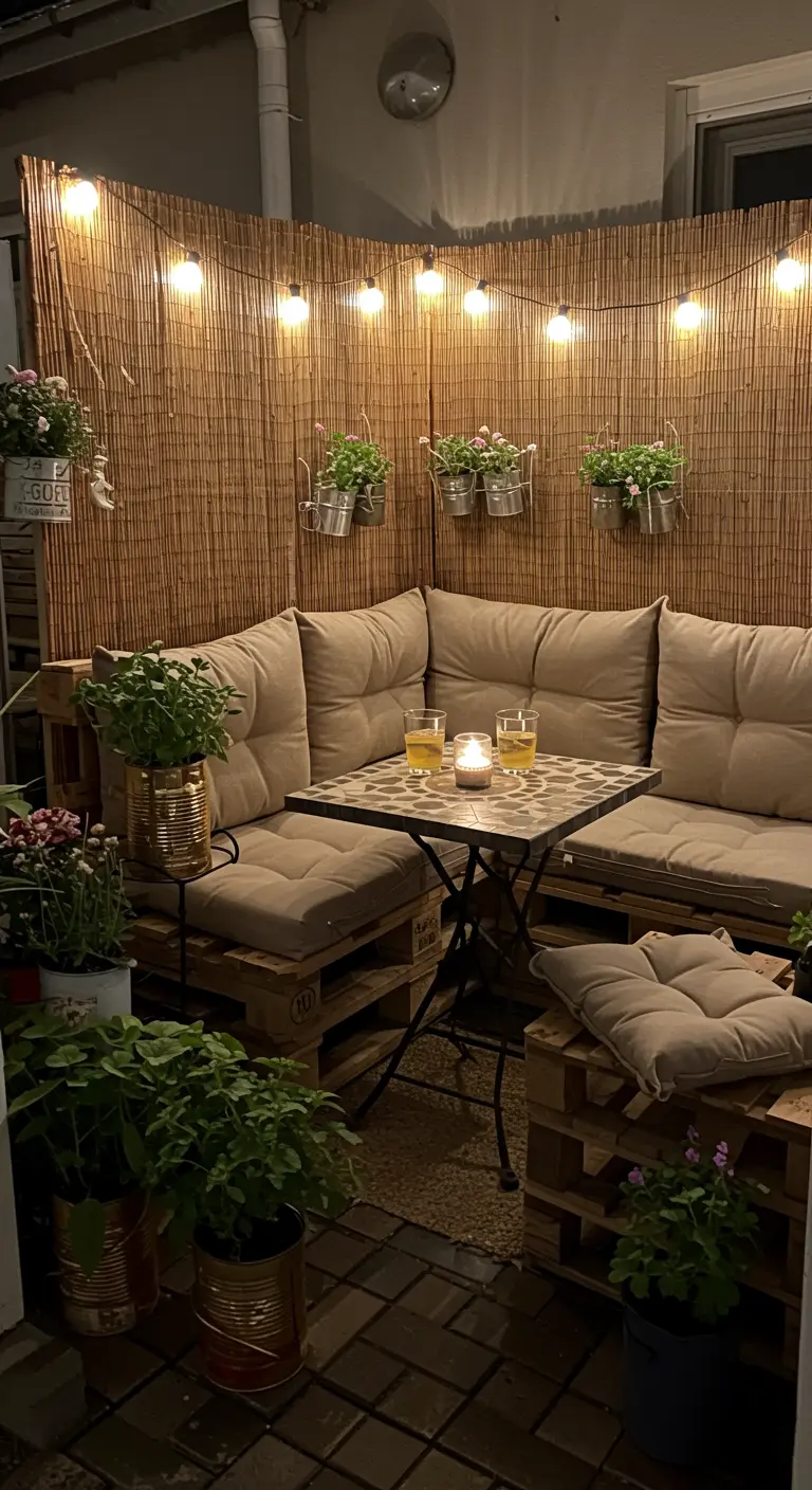 Acogedor rincón de balcón hecho con sofás de palets, cojines beige, plantas y luces cálidas.