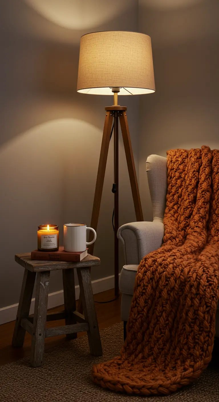 Rincón acogedor con un sillón, una manta de punto grueso naranja, una lámpara de pie y una vela.