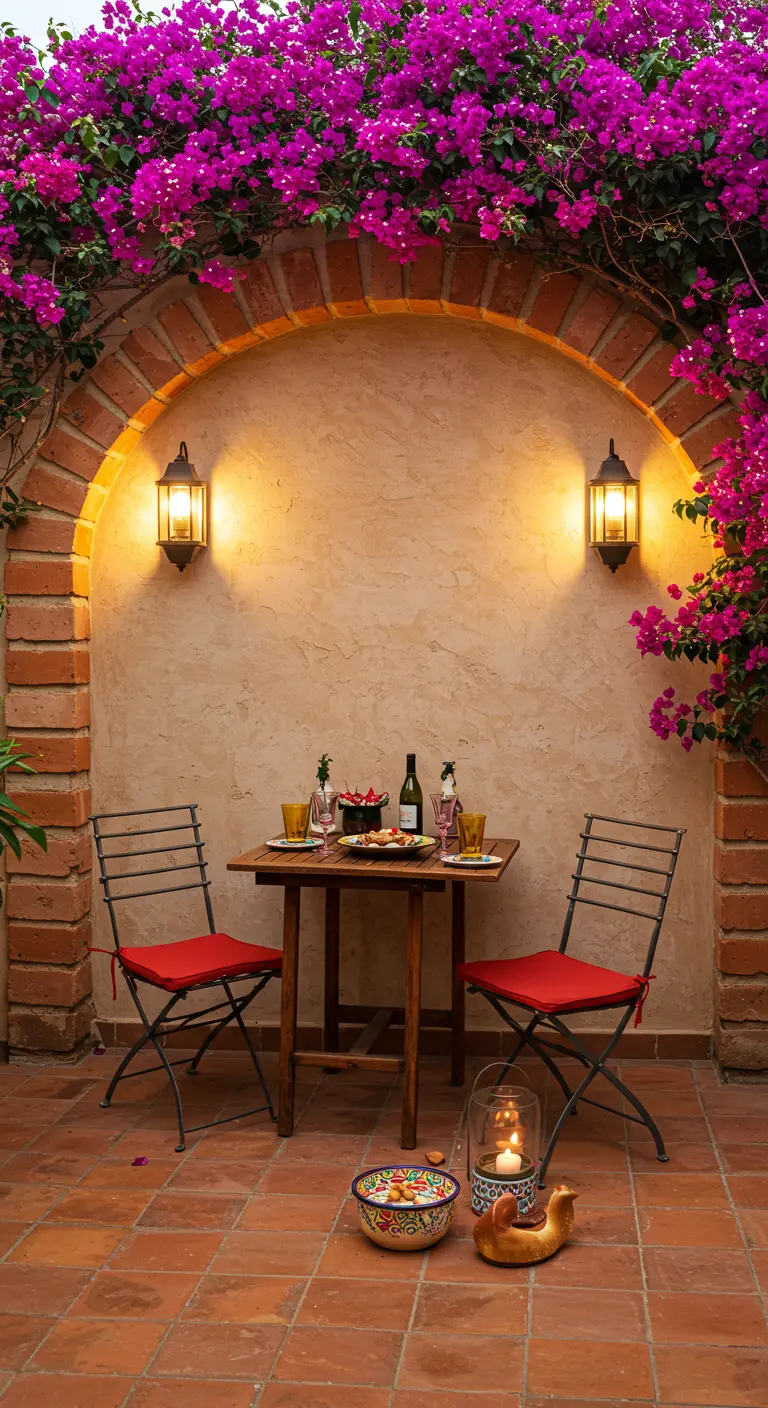 Mesa para dos bajo un arco de ladrillo cubierto de buganvillas, con cojines rojos y faroles.