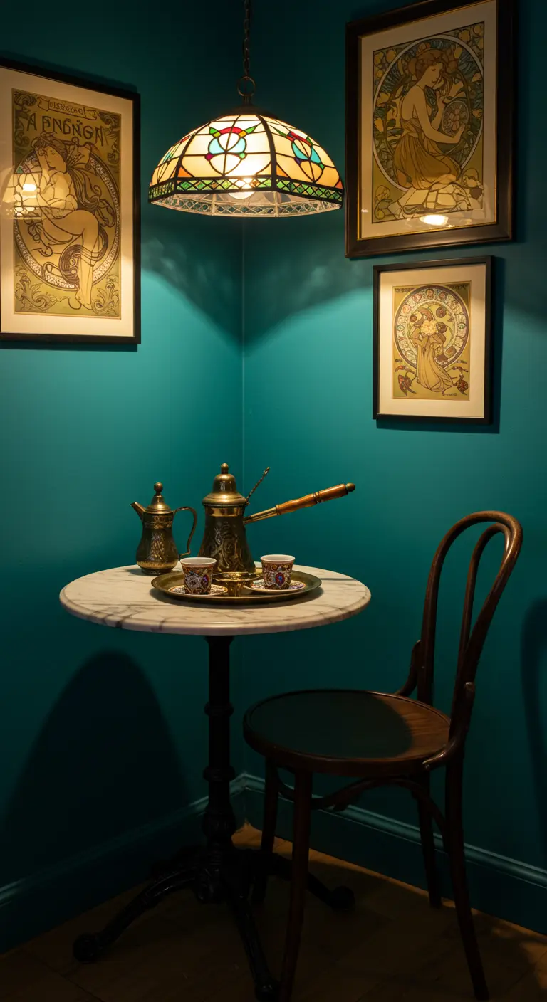 Esquina de café Art Nouveau con paredes turquesa y una lámpara de vitral.