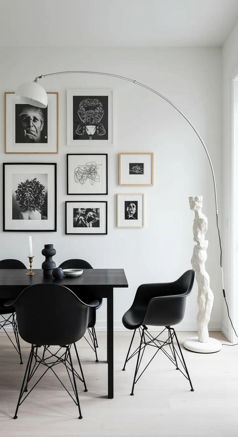 Comedor con una pared de galería llena de cuadros en blanco y negro, y sillas de diseño.