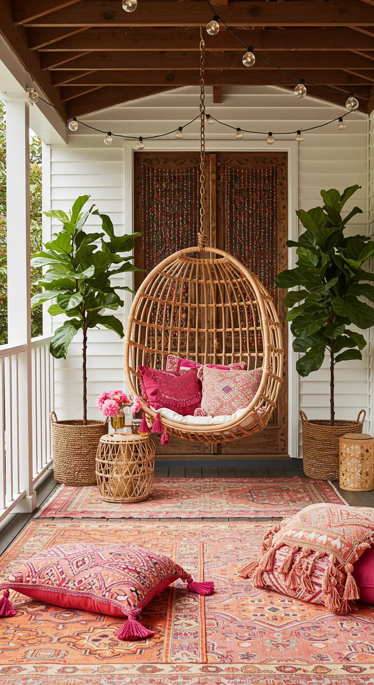 Porche estilo boho con sillón colgante de mimbre, alfombra persa y cojines rosas.