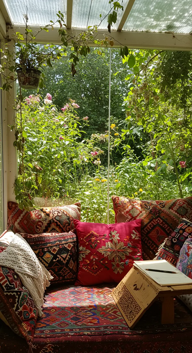 Rincón de trabajo bohemio con cojines y alfombras de patrones coloridos y vistas a un jardín frondoso.