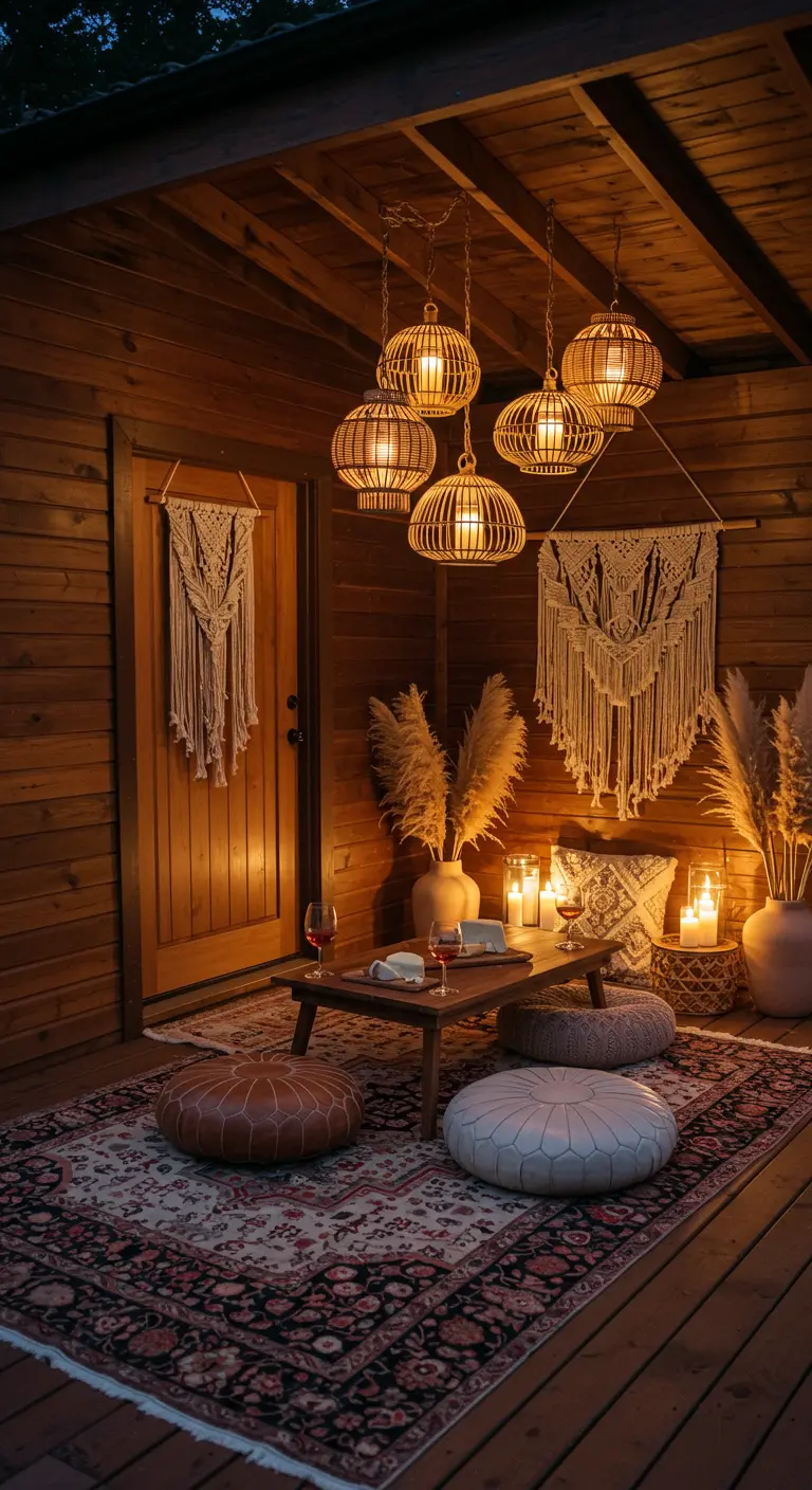 Rincón bohemio en un porche de madera con alfombras, pufs, velas y lámparas de mimbre.