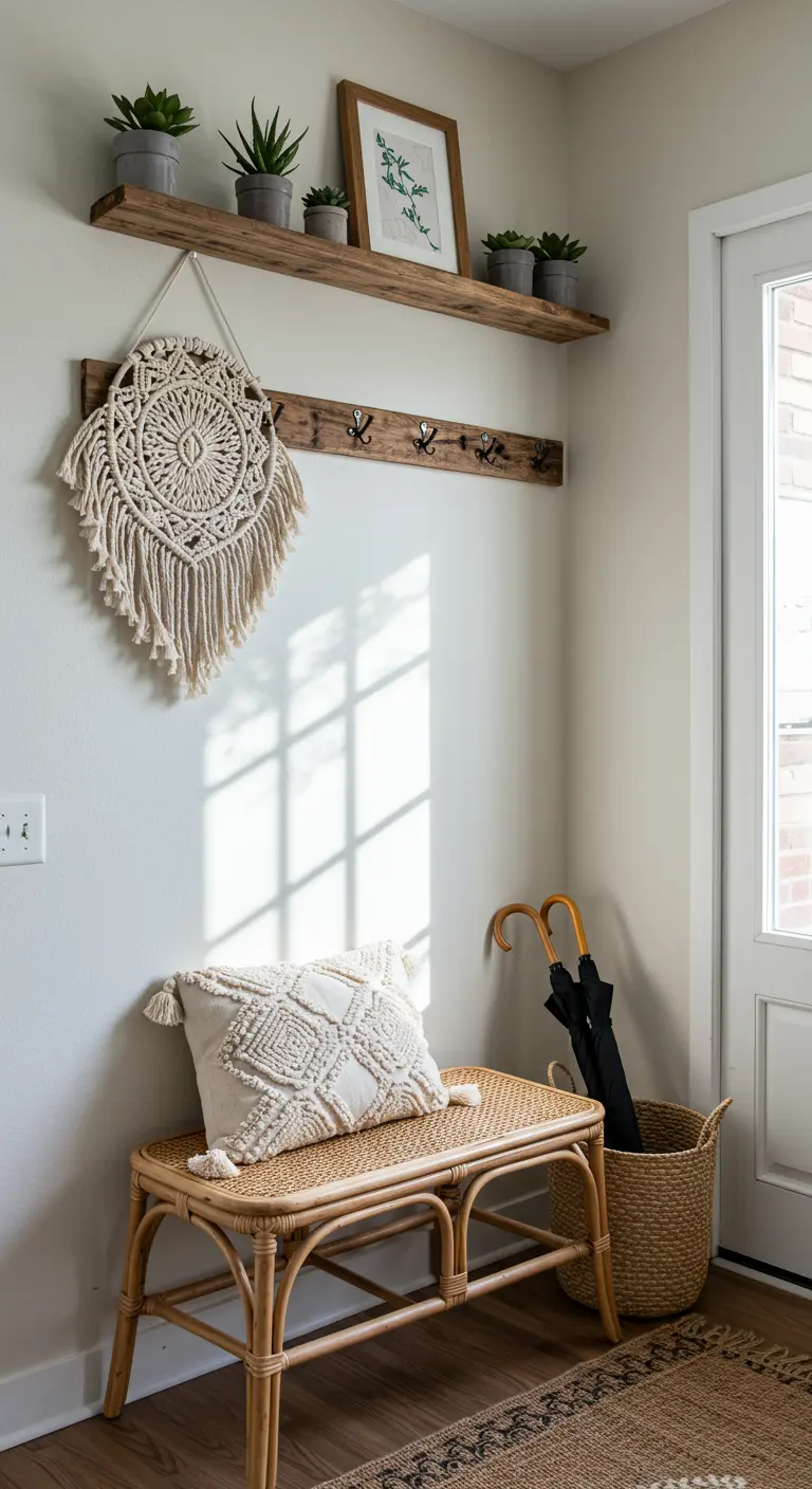 Entrada de estilo bohemio con banco de ratán, cojín texturizado, macramé y plantas.