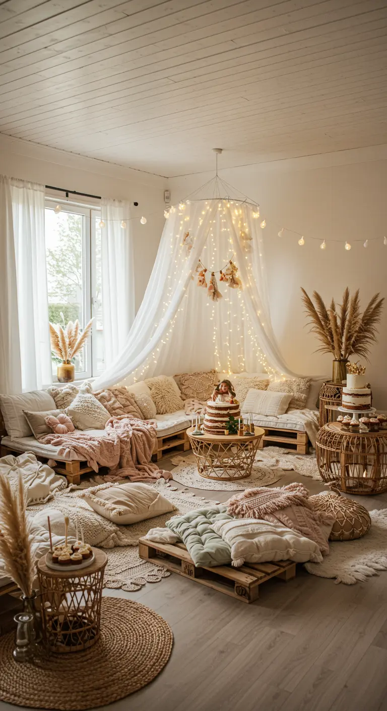 Salón de estilo bohemio con sofás de palés, cojines y un dosel de tela iluminado con luces de hadas.