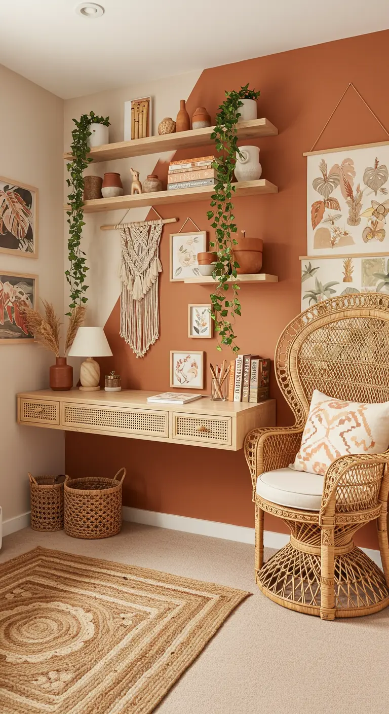 Espacio de trabajo bohemio con pared terracota, escritorio flotante de madera y ratán, y plantas.