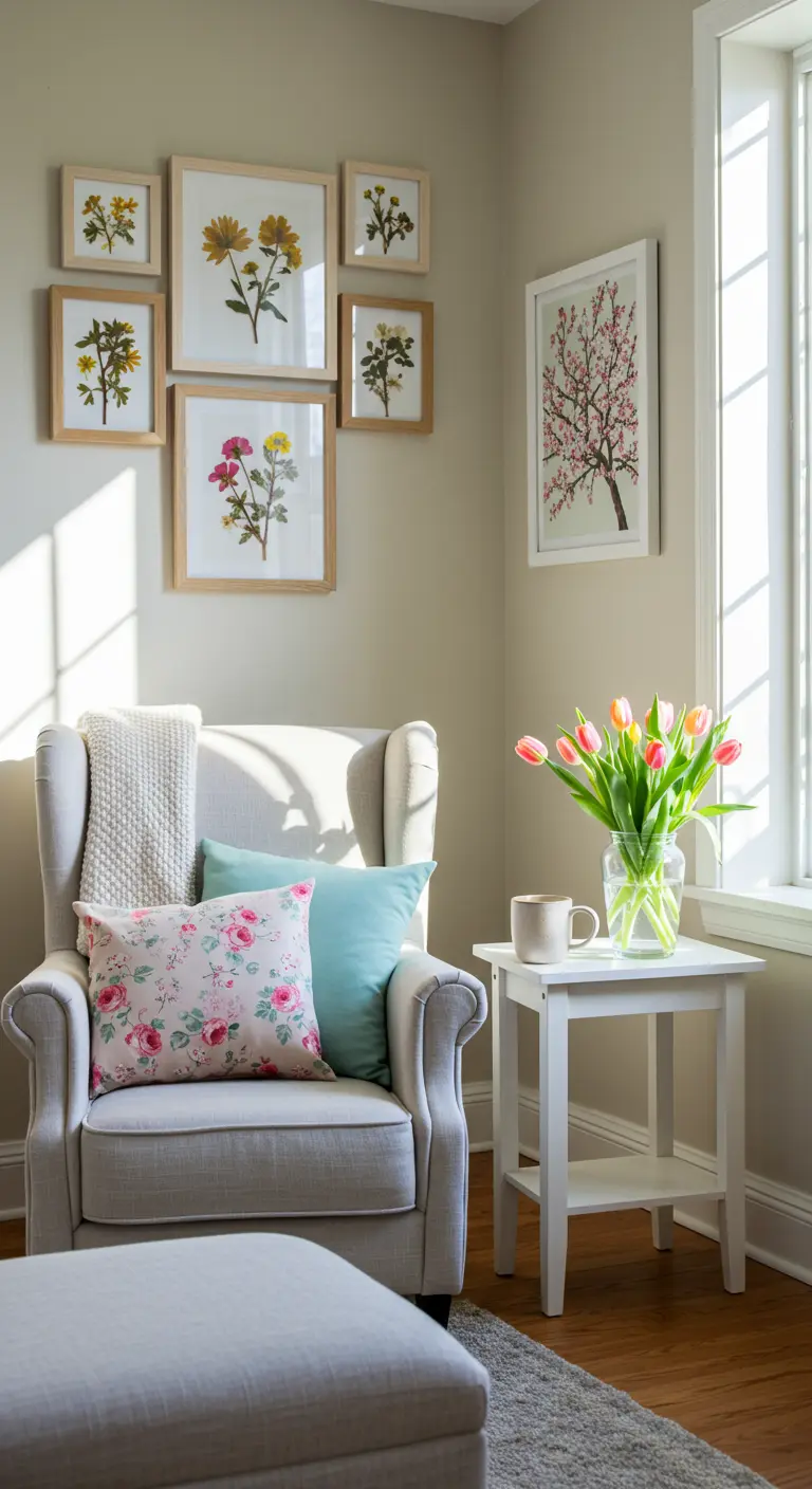 Rincón de lectura primaveral con un sillón, cojines florales y una galería de flores prensadas en la pared.