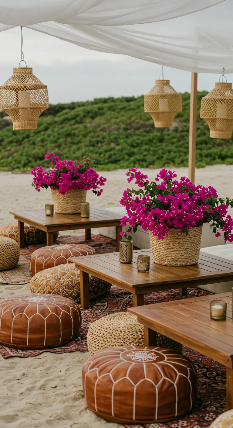 Zona lounge en la playa con pufs, mesas bajas y cestas de buganvillas.
