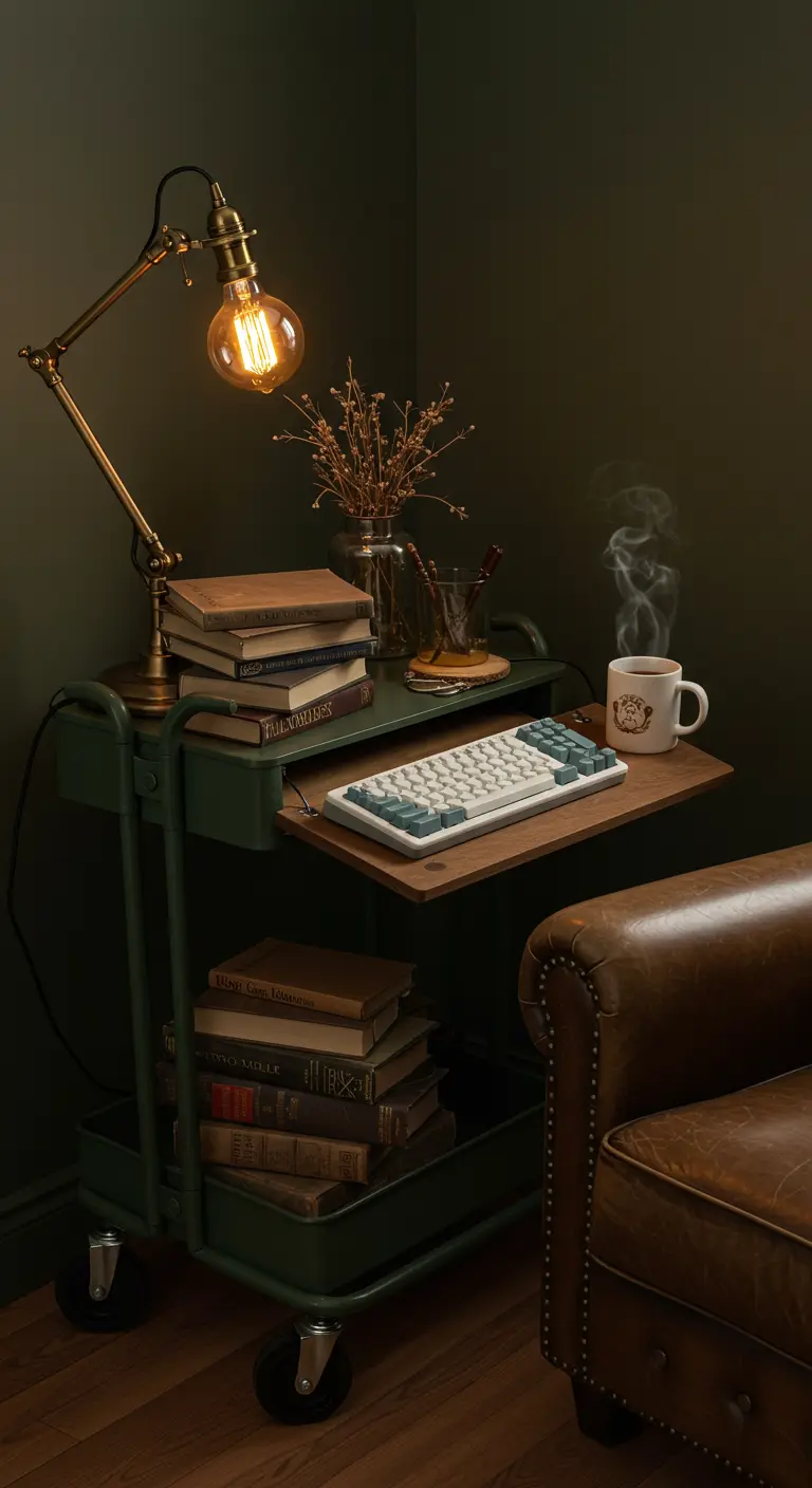 Carrito de metal verde oscuro con libros antiguos, una lámpara Edison y un teclado retro
