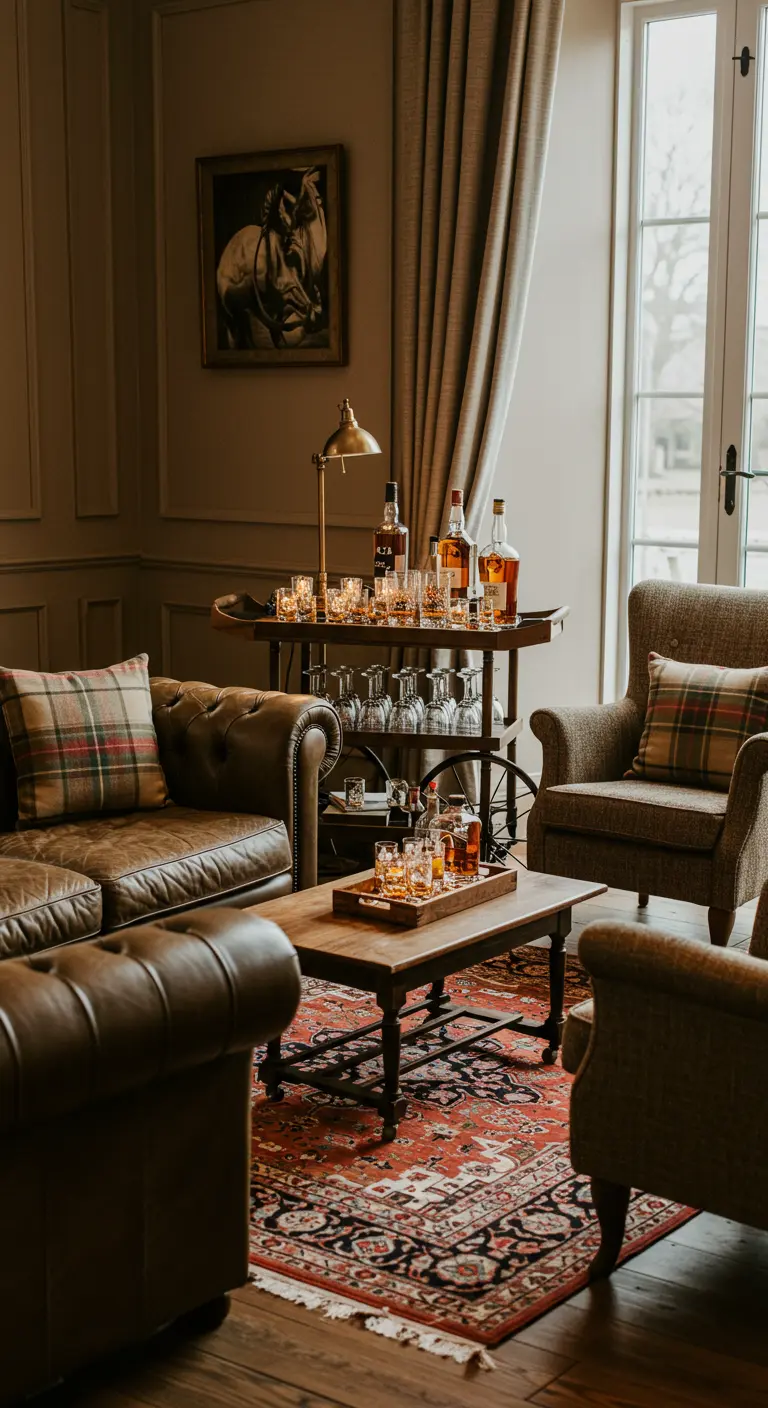 Salón acogedor con sofás de cuero, cojines de tartán y un carrito de bar con whisky.