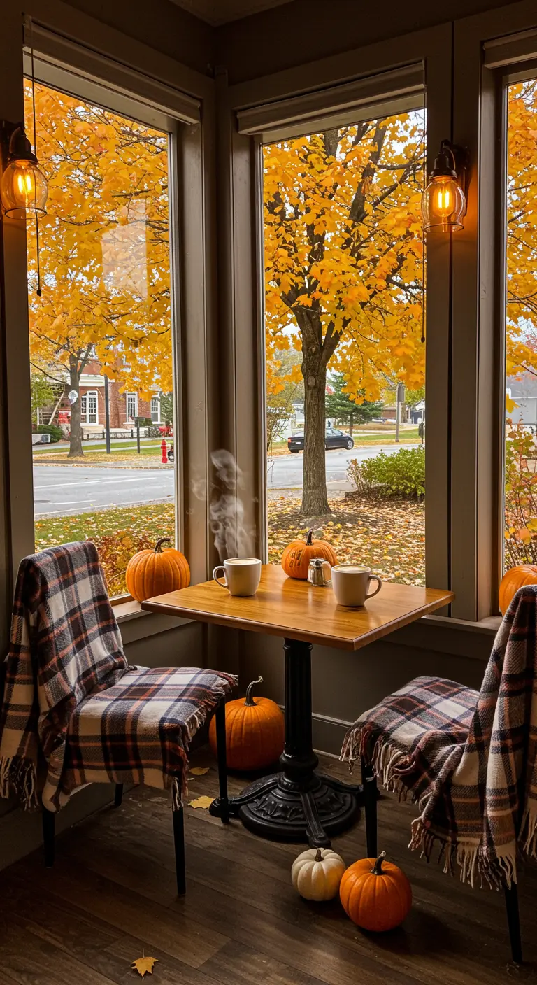 Rincón acogedor junto a una ventana con sillas cubiertas de mantas y calabazas.
