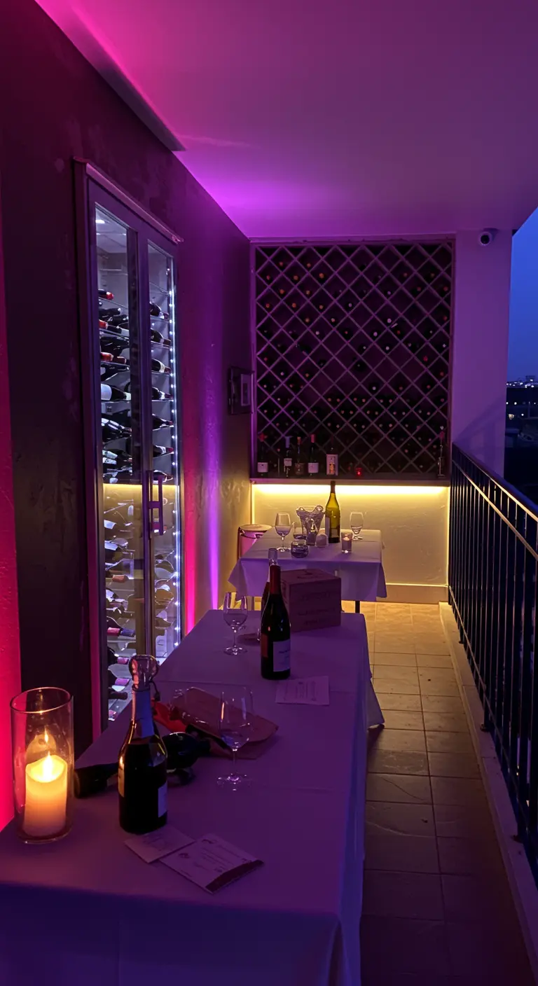 Pequeño balcón con mesas para una cata de vinos, con un botellero retroiluminado y una luz ambiental morada