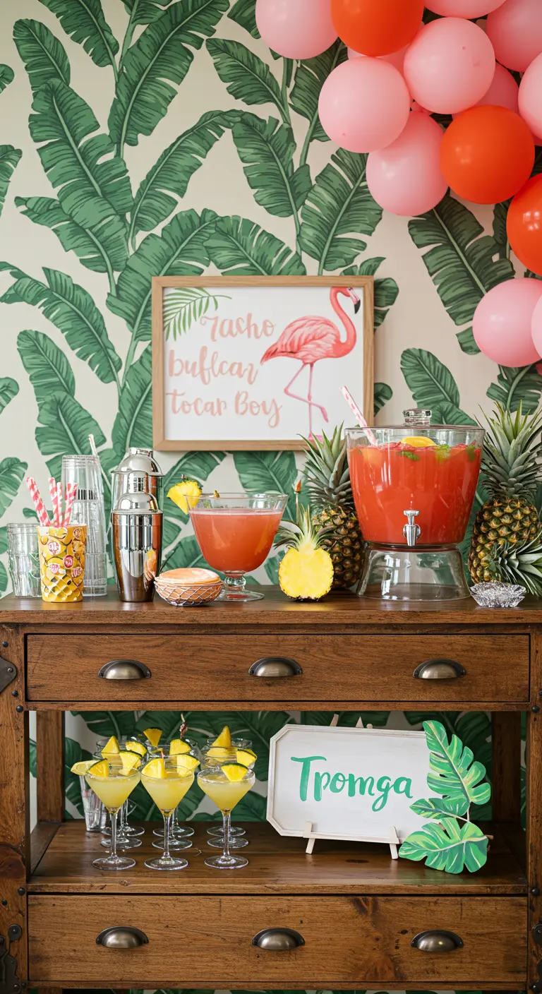 Estación de bebidas tropical con dispensador de ponche, piñas y un fondo de papel tapiz.
