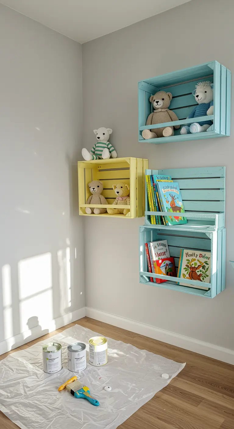 Repisas de cajas de fruta pintadas en azul y amarillo pastel para un cuarto infantil.