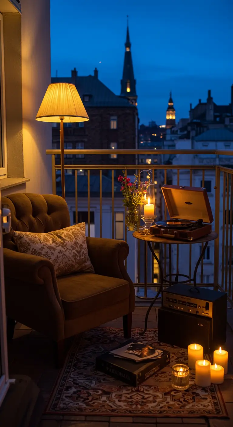 Sillón vintage en un balcón junto a un tocadiscos, con una lámpara de pie y velas.