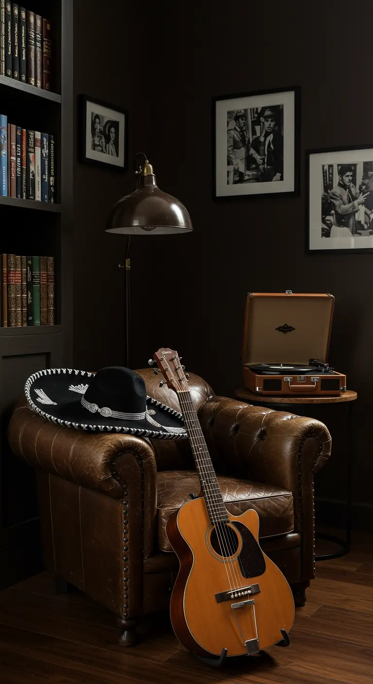 Sillón de cuero con sombreros de mariachi, junto a un tocadiscos y una pared con fotos.