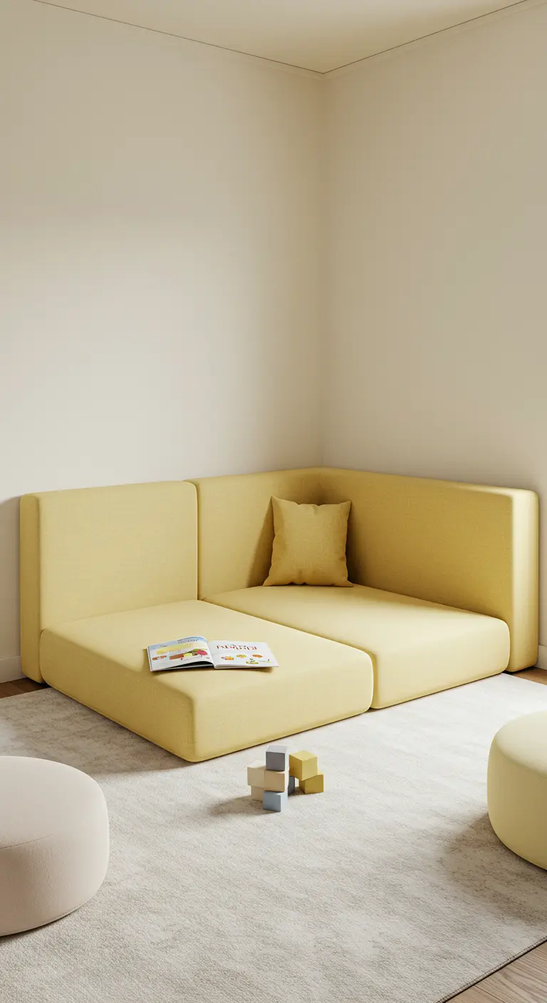 Sofá modular bajo de color amarillo pastel en una esquina de una habitación infantil.