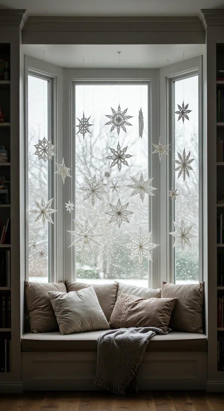 Copos de nieve blancos y plateados cuelgan a diferentes alturas en un ventanal con asiento.