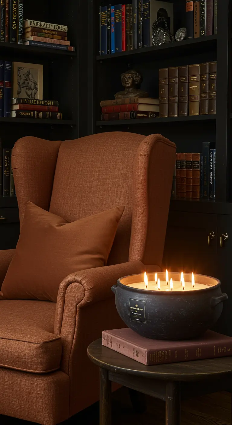 Sillón orejero marrón junto a una estantería oscura con una gran vela de varias mechas.