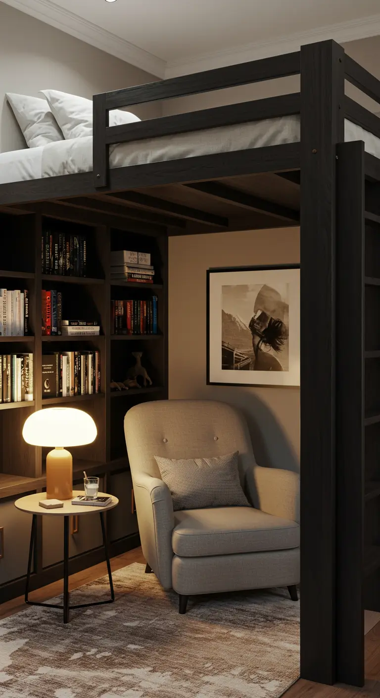 Cama alta de madera oscura con una biblioteca y un sillón cómodo debajo para leer