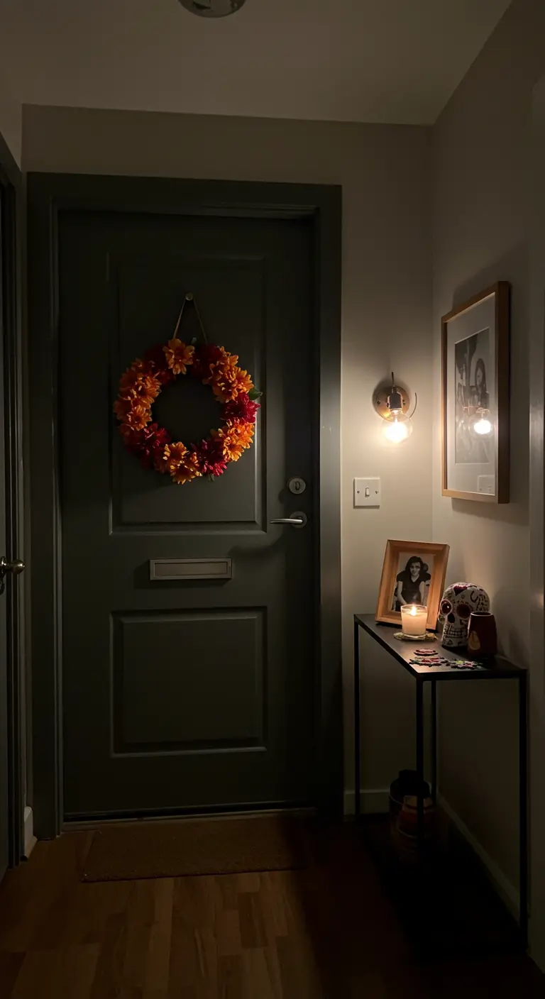 Corona en una puerta junto a una pequeña mesa con una foto y una vela encendida.