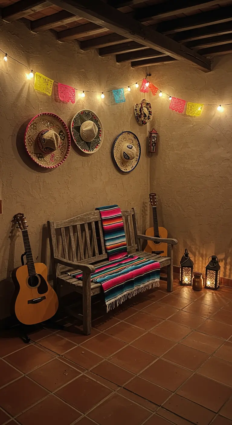 Rincón de patio con banco de madera, sombreros y guitarras colgadas y guirnaldas de luces.
