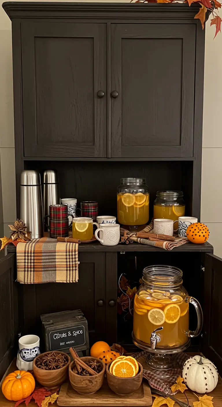 Mueble rústico convertido en estación de sidra caliente con tazas de cuadros y especias.