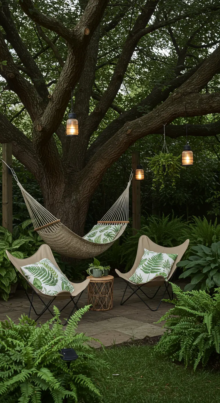 Zona de jardín con hamaca, sillas mariposa y cojines con estampado de helechos bajo un árbol.