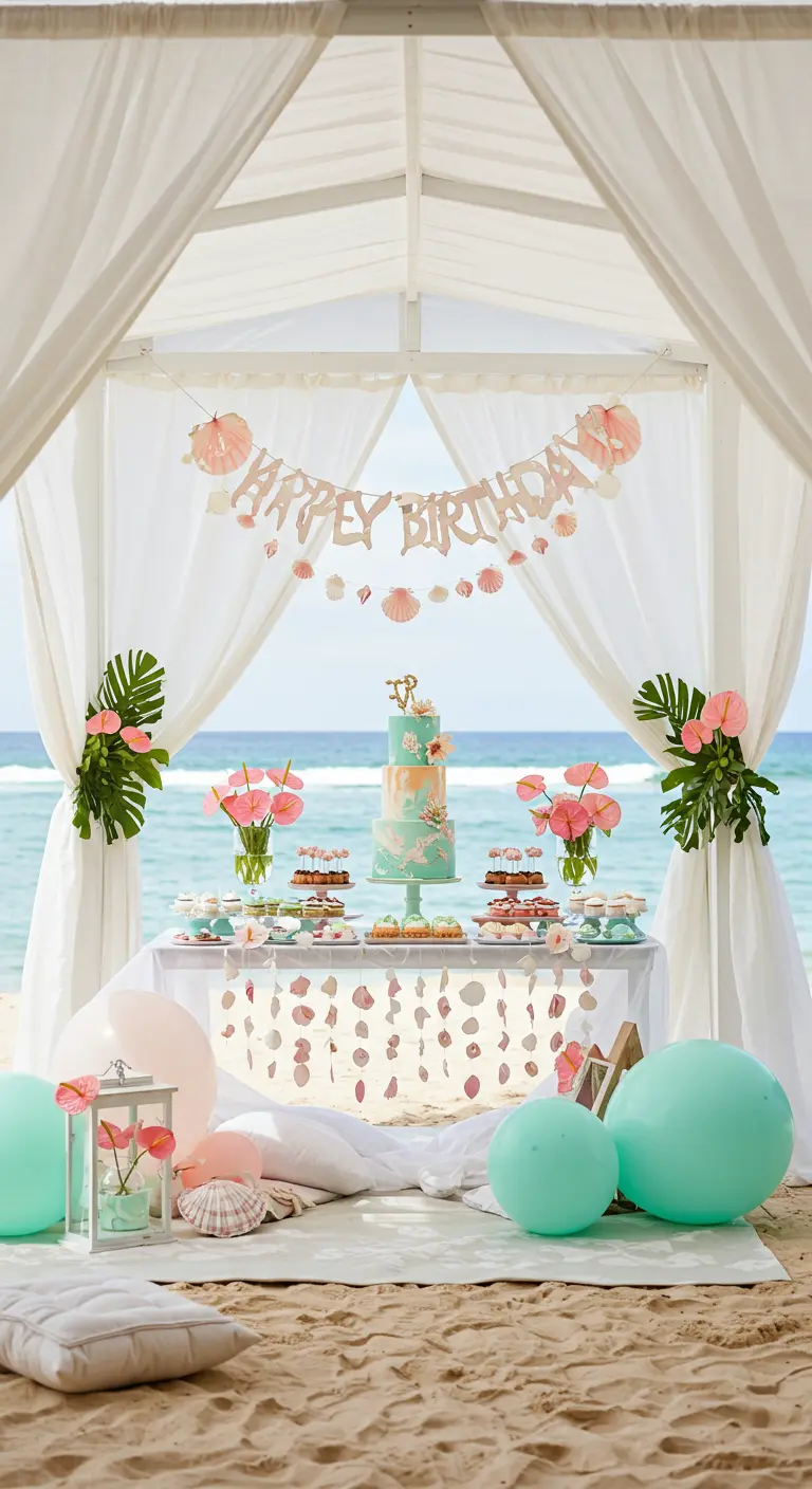 Mesa de postres en la playa bajo un dosel blanco con guirnaldas de conchas.
