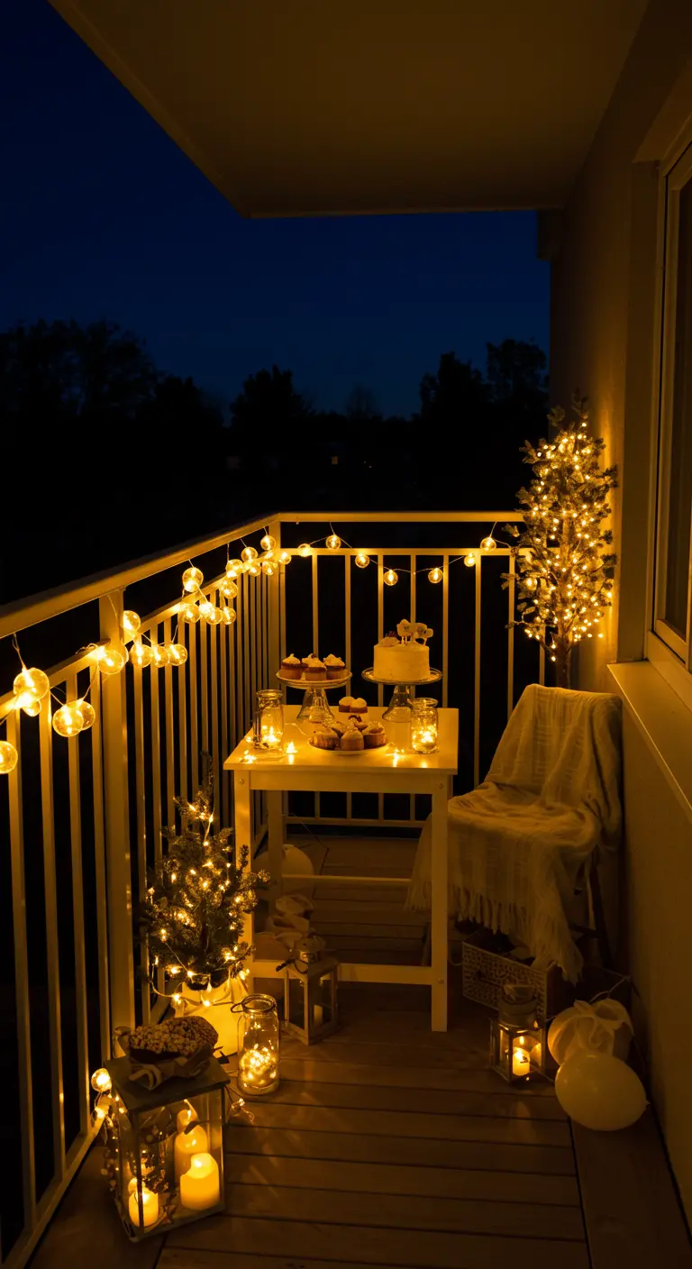 Balcón pequeño decorado para una celebración íntima con luces cálidas, árboles de LED y velas