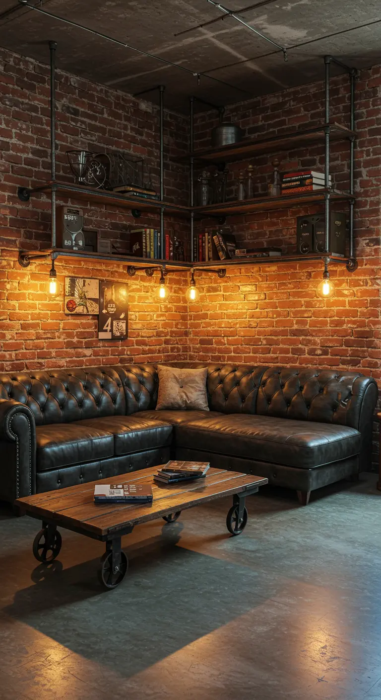 Sofá esquinero de cuero negro en un salón de estilo industrial con paredes de ladrillo.
