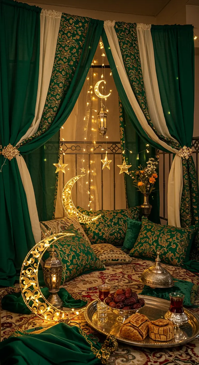 Acogedor rincón de balcón para Ramadán con telas verdes, luces de luna y estrellas y cojines.
