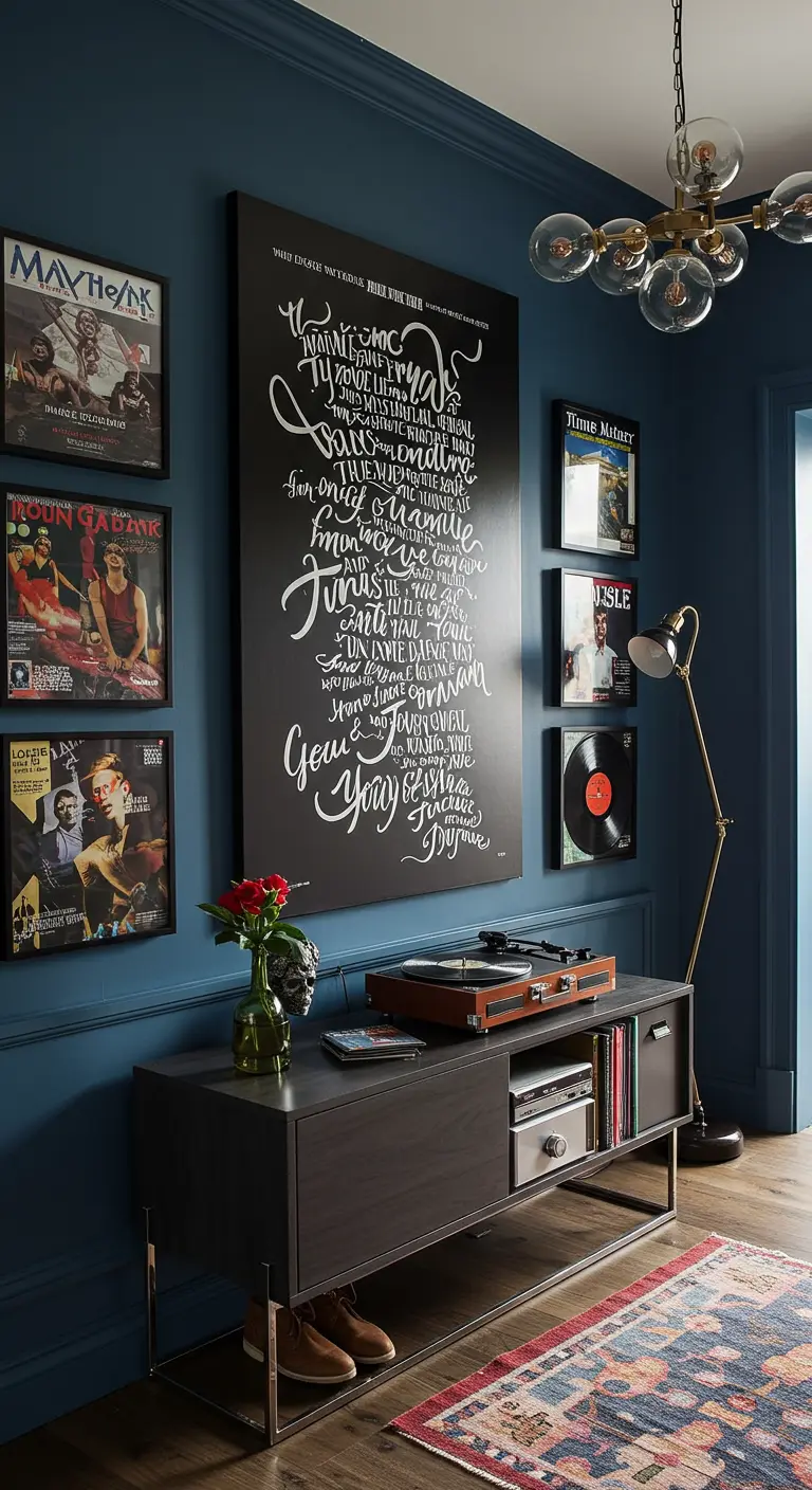 Rincón de música con un tocadiscos y una pared azul oscuro decorada con un gran lienzo de caligrafía y portadas de discos.