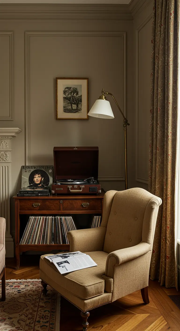 Rincón de lectura vintage con un sillón de tela, un tocadiscos y una colección de vinilos.