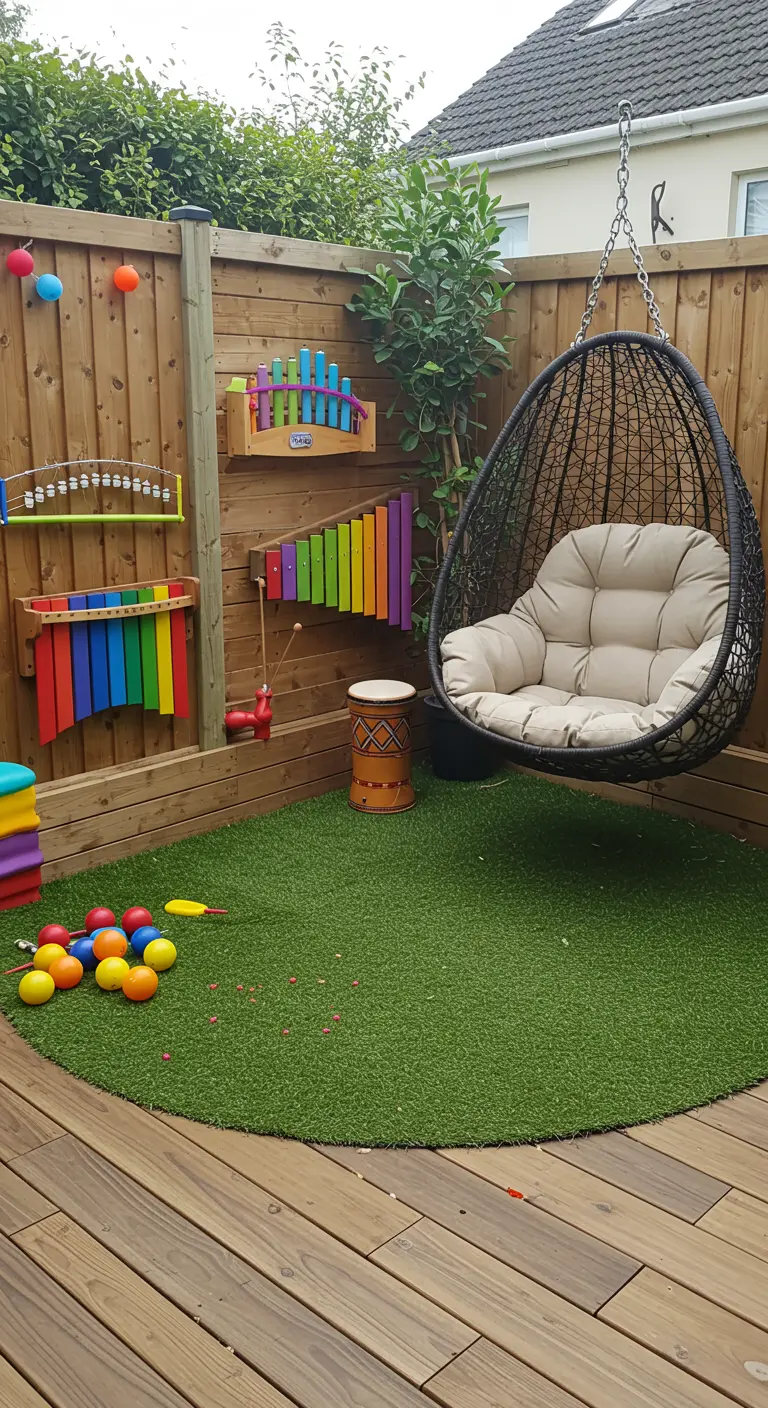 Esquina de juegos en un patio con instrumentos musicales de colores en la pared y un sillón colgante
