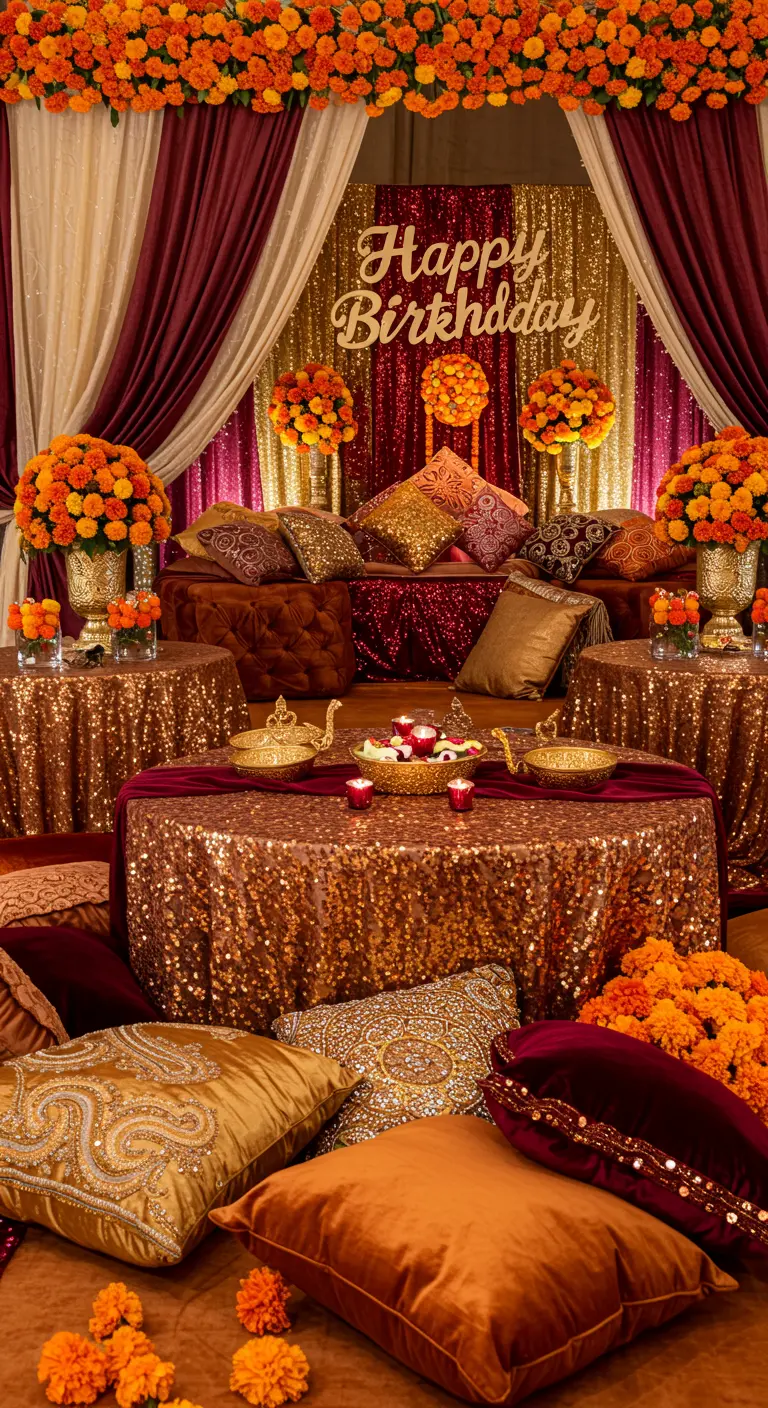 Zona de descanso con sofás cubiertos de cojines dorados frente a una cortina de lentejuelas.