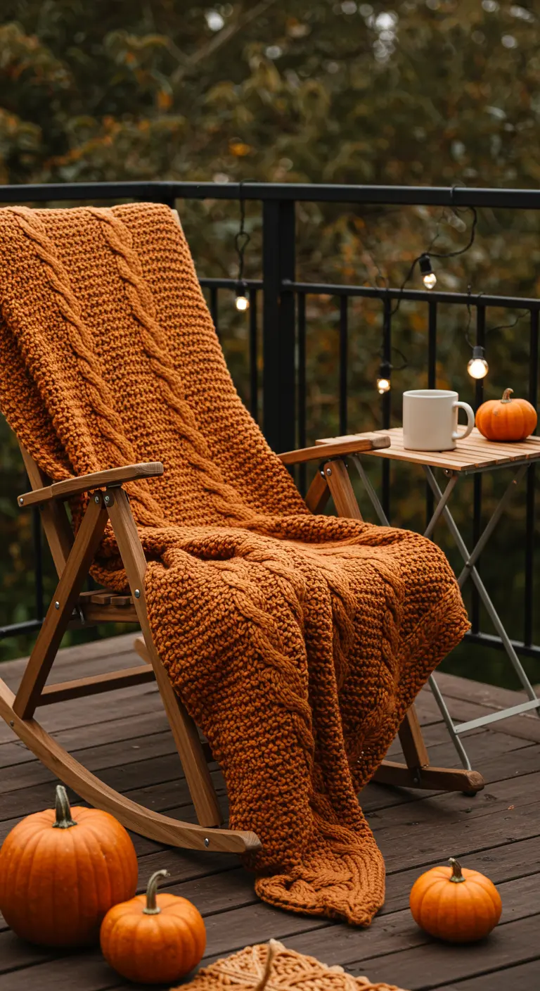 Mecedora de madera plegable con una manta naranja de punto grueso en un balcón otoñal.