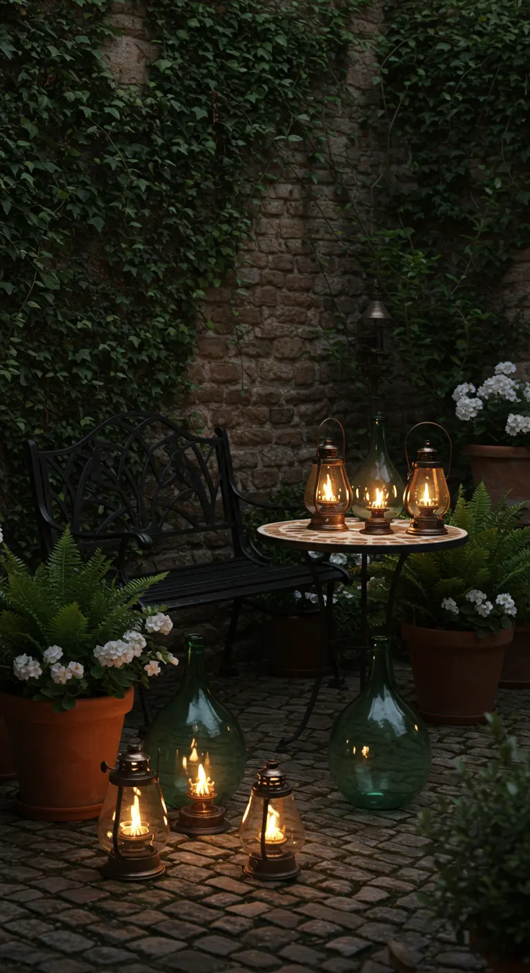 Patio de adoquines con un banco de hierro, mesa bistró y lámparas de aceite agrupadas en el suelo