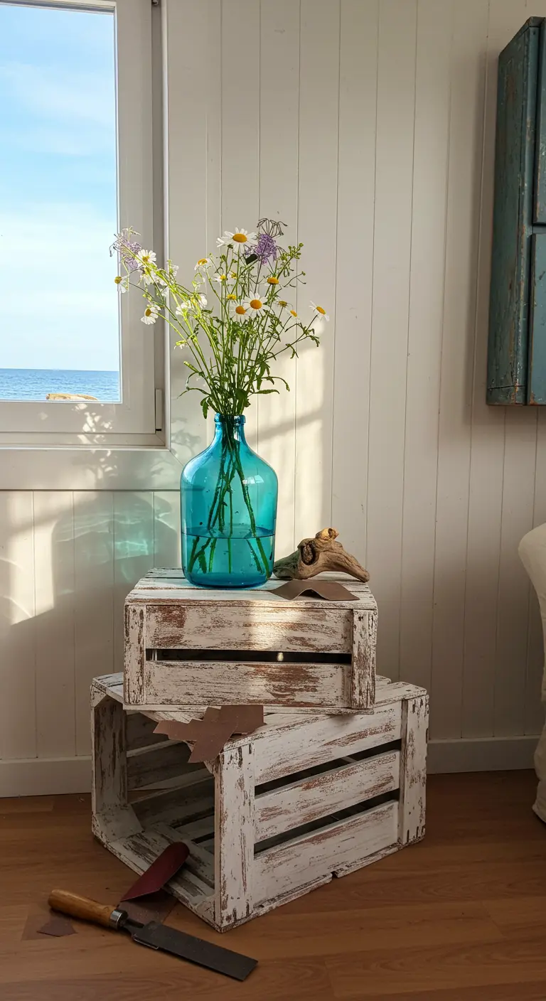 Dos cajas de madera decapadas en blanco, apiladas junto a una ventana con vistas al mar.