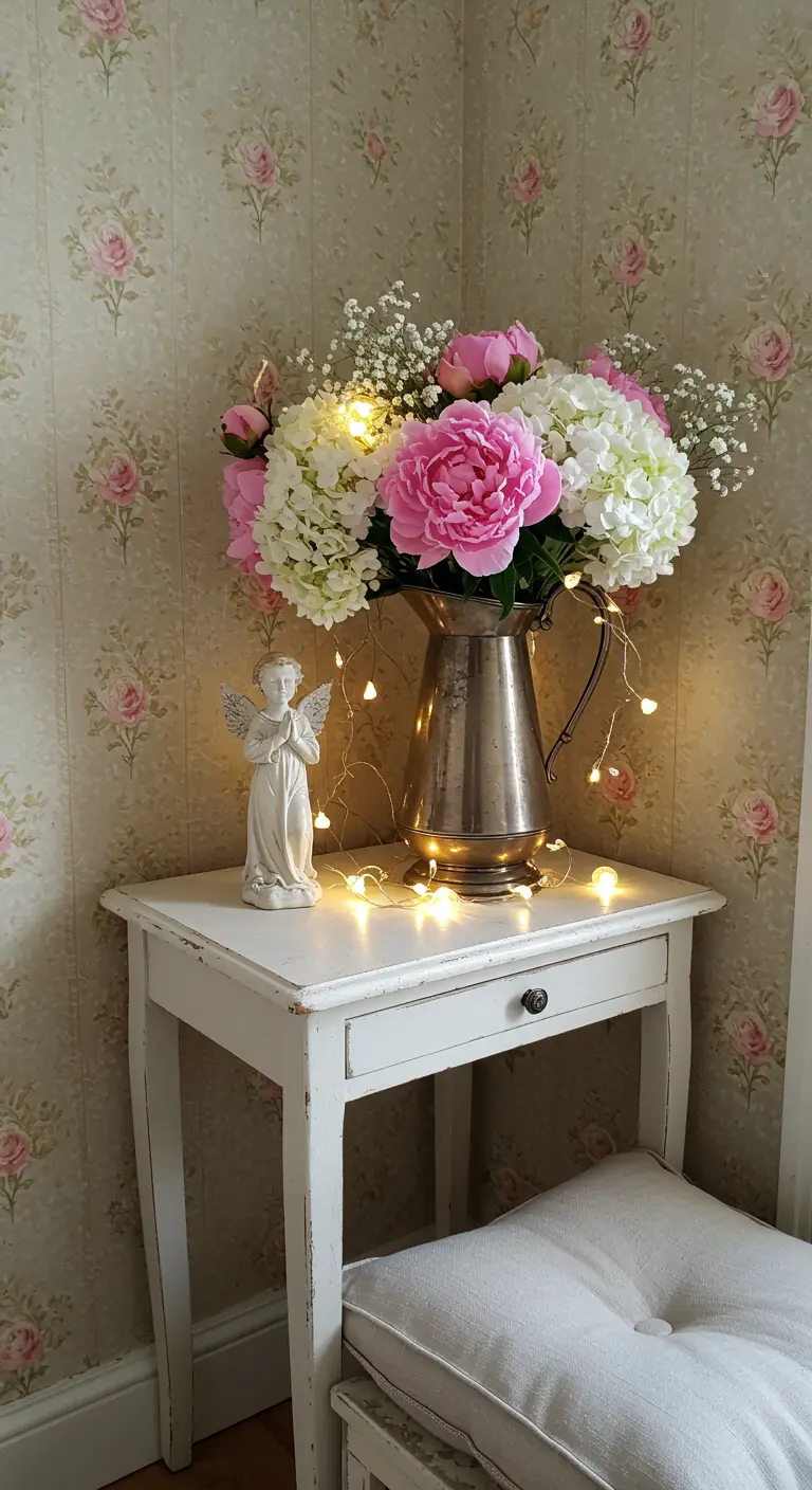 Rincón de oración shabby chic con peonías, un ángel y luces de hadas.