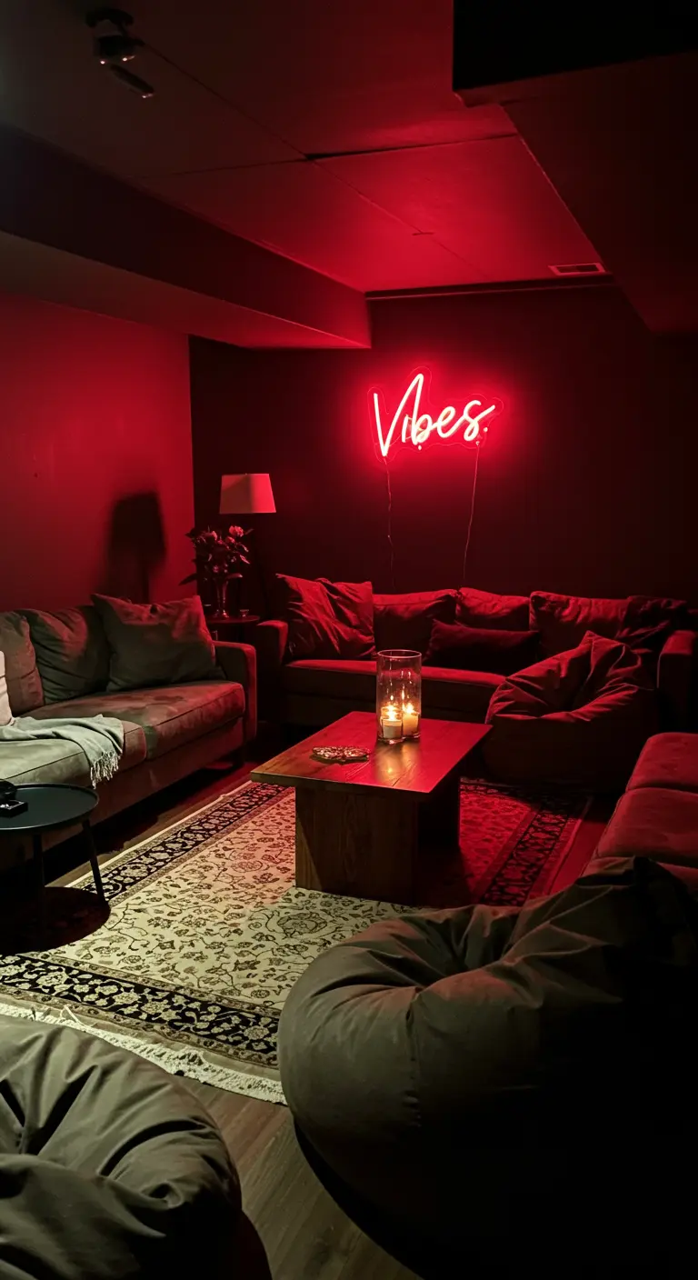 Sótano acogedor con un letrero de neón rojo que dice 'Vibes' sobre un sofá.