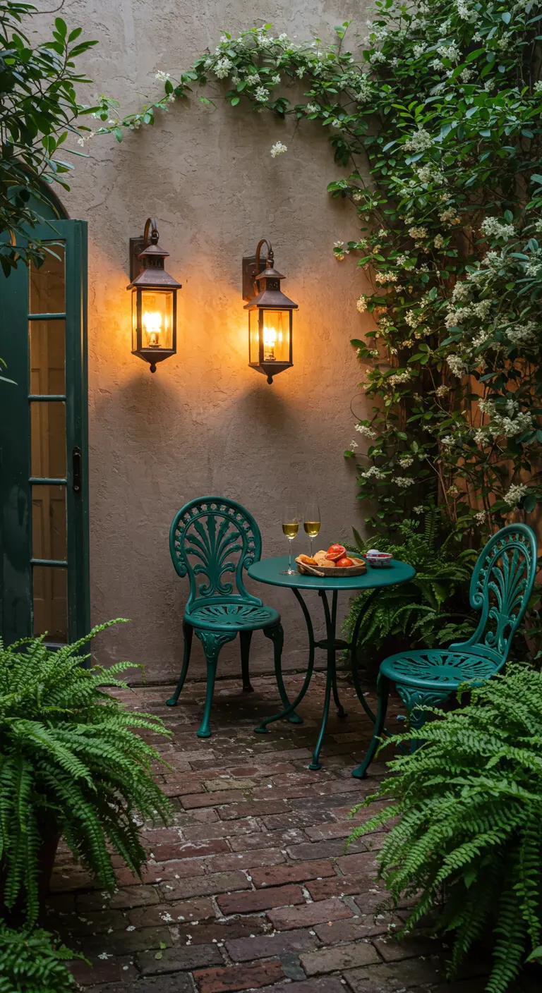 Pequeño patio íntimo con dos faroles de pared iluminando una mesa y sillas de hierro forjado verde.