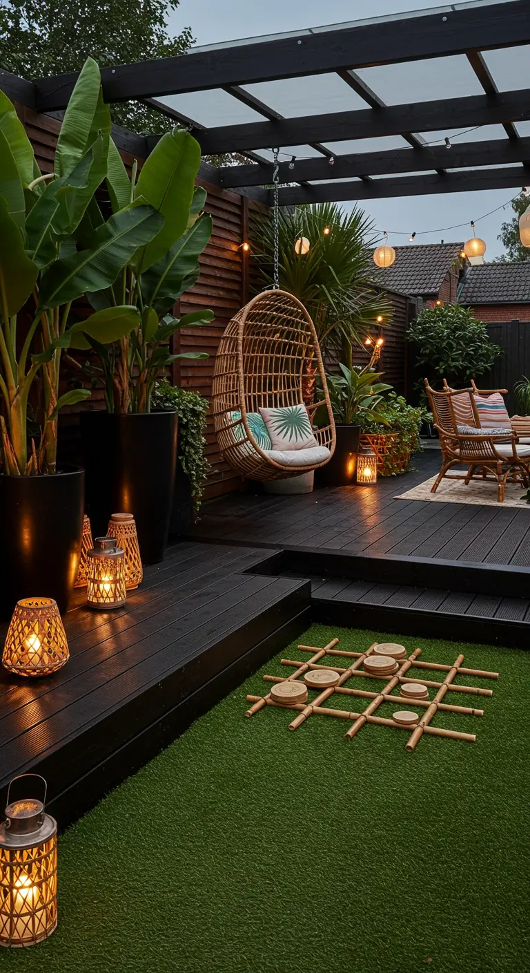 Terraza de madera oscura con un tres en raya gigante, sillón colgante de ratán y farolillos