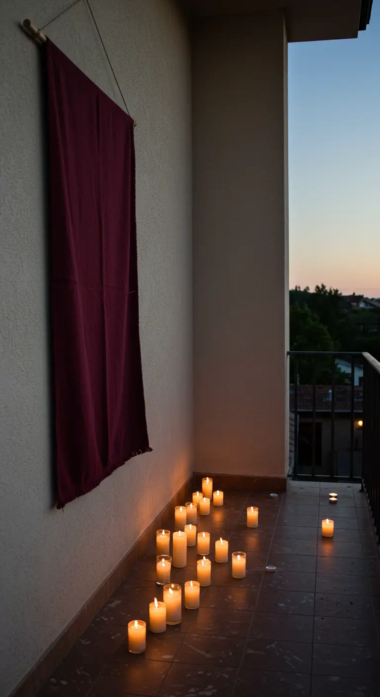 Balcón con un tapiz morado colgado en la pared y un grupo de velas en el suelo.