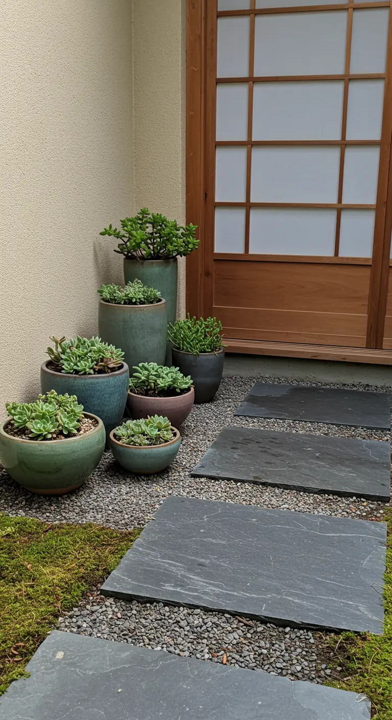 Composición de macetas de cerámica en tonos verdes con suculentas, junto a una puerta de estilo japonés.